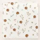 クリーム色とブラウンの花 ガラスコースター (正面)