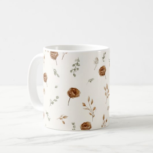 クリーム色とブラウンの花 コーヒーマグカップ (正面左)