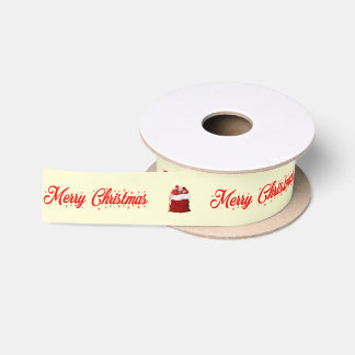 クリーム色と赤のメリークリスマス サンタのプレゼント袋 サテンリボン