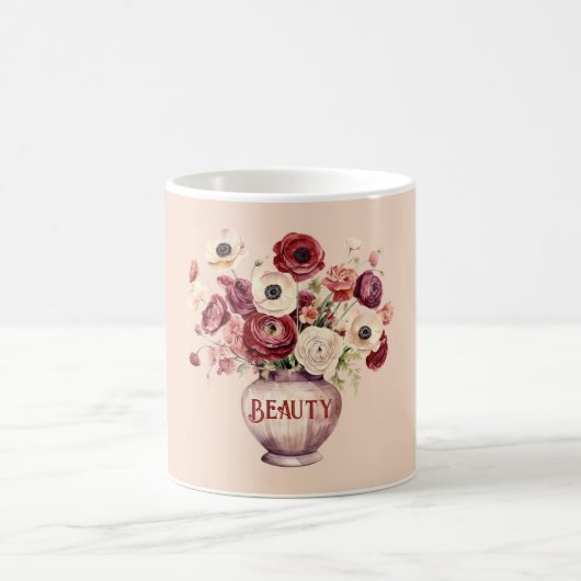 クリーム色と赤のラナンキュラス 花 コーヒーマグカップ (中央)