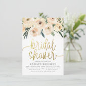 クリーム色と青の花 ゴールドのカリグラフィー 結婚式前ウェディングシャワー 招待状 (スタンド正面)