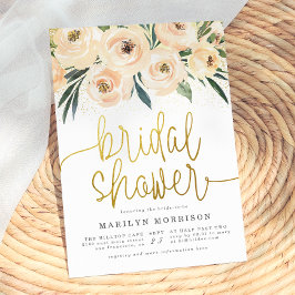 クリーム色と青の花 ゴールドのカリグラフィー 結婚式前ウェディングシャワー 招待状
