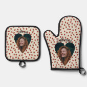 クリーム色のオーブンミトと鍋敷き レディバグ柄 写真と名前刺繍 鍋つかみ&鍋敷きセット (正面)