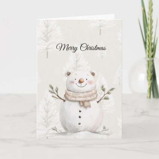 クリーム色のクリスマスツリーと雪だるま カード (正面)
