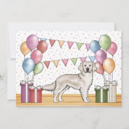 クリーム色のゴールデンレトリーバーの犬のカラフルな誕生日 招待状