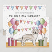 クリーム色のゴールデンレトリーバーの犬のカラフルな誕生日 招待状 (正面/裏面)
