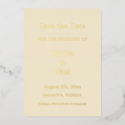 クリーム色のゴールド箔押しSave the Date 招待状 (正面)