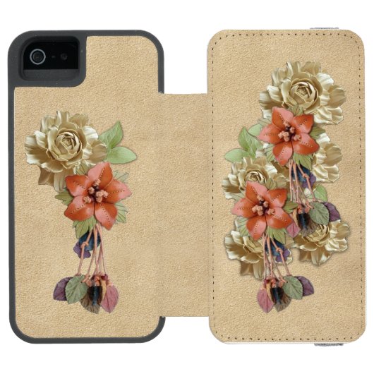 クリーム色のスウェードに革の花 INCIPIO iPhoneウォレットケース (フォリオ Open)