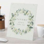 クリーム色のスノーベリー+ユーカリ ウェディング フェイバーズ テーブル 台座サイン (インサイチュ)