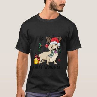 クリーム色のダックスフントのサンタ帽子 メリー・ウーフマス・クリスマス Tシャツ