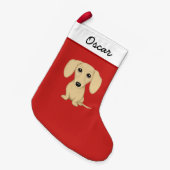 クリーム色のダックスフントの英国のクリーム色のウインナー犬Doxie スモールクリスマスストッキング (正面 (吊り時))