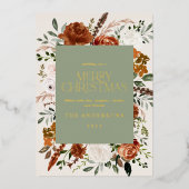 クリーム色のテラコッタ フラワーボタニカル エレガント スクリプト 箔シーズンカード (正面)