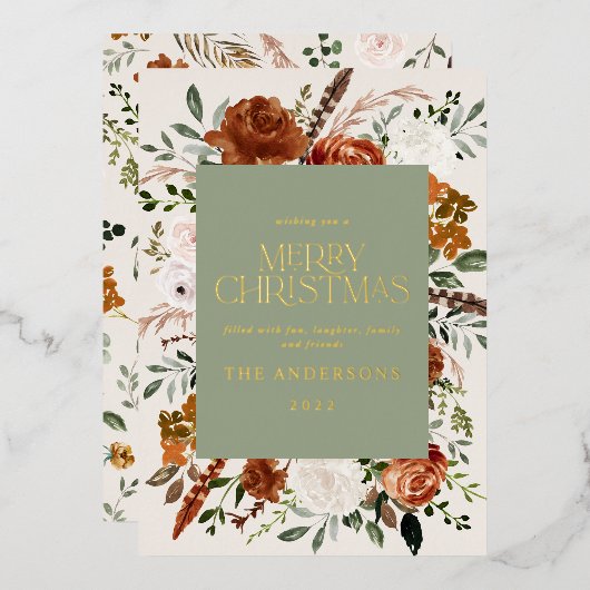 クリーム色のテラコッタ フラワーボタニカル エレガント スクリプト 箔シーズンカード (正面/裏面)