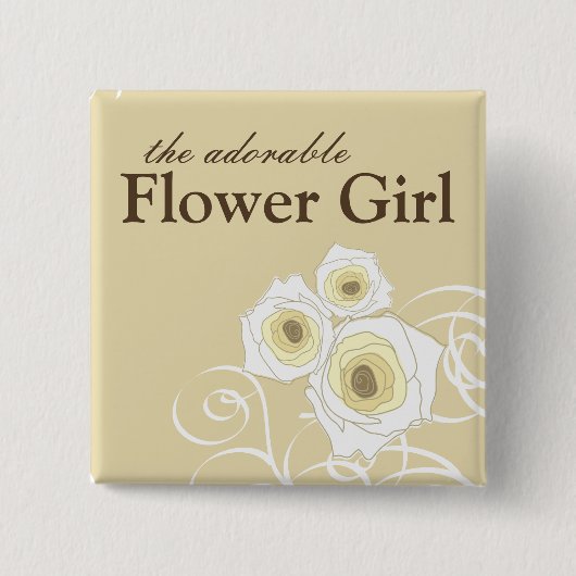 クリーム色のバラおよび渦巻のフラワー・ガールの結婚式ボタン 缶バッジ (正面)