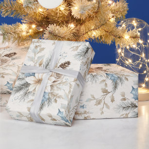 クリーム色のポインセチア 青い花のクリスマス ラッピングペーパー