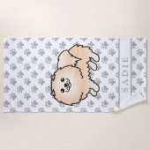 クリーム色のポメラニアンのかわいいキャラクター犬と名前 ビーチタオル (正面)