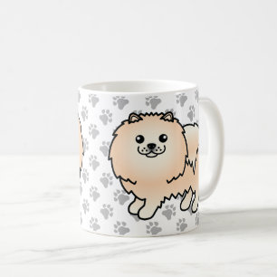 クリーム色のポメラニアンのキュートなキャラクターデザインの犬と足 コーヒーマグカップ