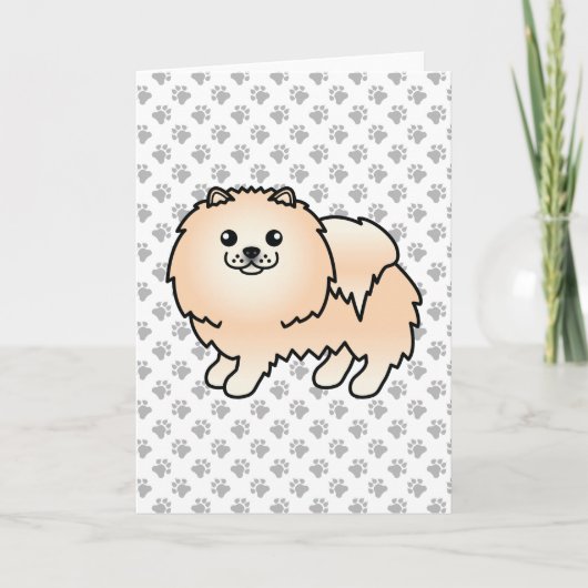 クリーム色のポメラニアンの愛らしいキャラクターデザインの犬と足 カード (正面)