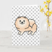 クリーム色のポメラニアンの愛らしいキャラクターデザインの犬と足 カード (黄色い花)