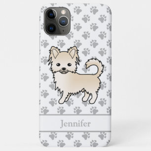クリーム色のロングコートチワワのキャラクターデザイン 犬の名前入り iPhone 11 PRO MAXケース