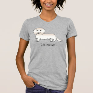 クリーム色のロングヘアダックスフンド かわいいキャラクターデザインの犬とテキスト Tシャツ