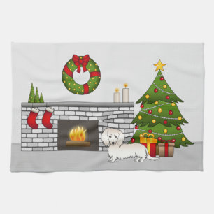 クリーム色のロングヘアダックスフンド かわいい犬のクリスマスルーム キッチンタオル