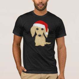 クリーム色のロングヘアードダックスフントのサンタクロースの犬のクリスマス Tシャツ