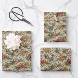 クリーム色のヴィンテージ植物画風クリスマスシトラスパターン ラッピングペーパーシート
