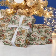 クリーム色のヴィンテージ植物画風クリスマスシトラスパターン