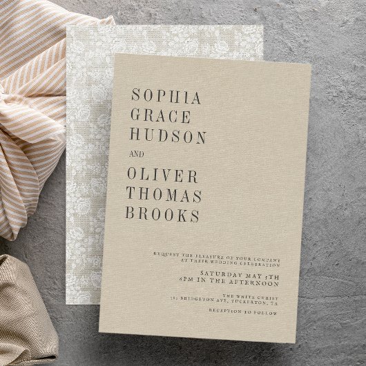 クリーム色の偽リネンとレースのシックなカントリーウェディング 招待状