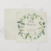 クリーム色の四角いスノーベリー+ユーカリのクリスマスリース シーズンカード (正面/裏面)