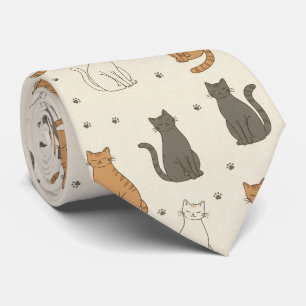 クリーム色の子猫と肉球プリント ネクタイ