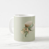 クリーム色の帽子 緑の リボン 桃の花 コーヒーマグカップ (正面左)