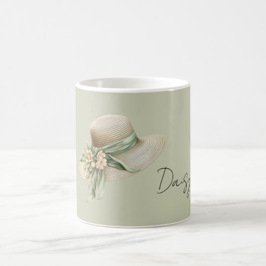 クリーム色の帽子 緑の リボン 桃の花 コーヒーマグカップ (中央)