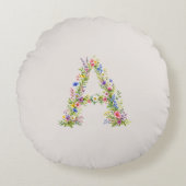 クリーム色の水彩画風の野の花「A」 ラウンドクッション (正面)