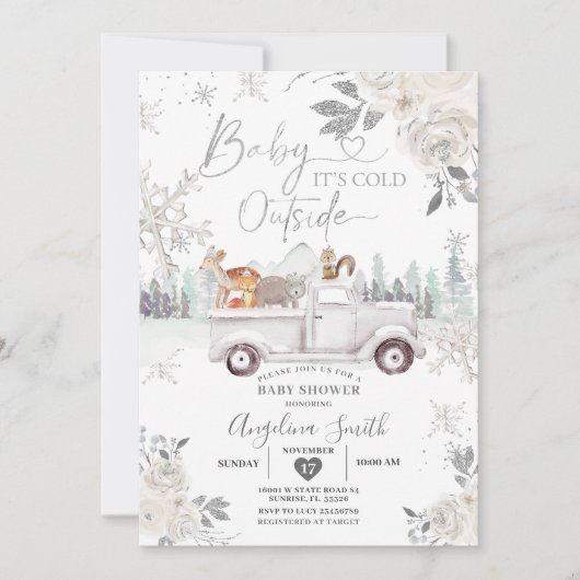 クリーム色の白いスノーフレークフローラトラック赤ちゃんシャワー 招待状 (正面)