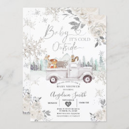 クリーム色の白いスノーフレークフローラトラック赤ちゃんシャワー 招待状