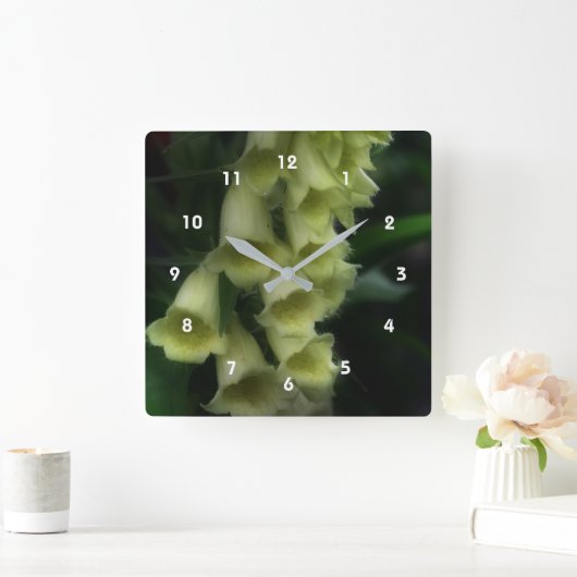 クリーム色の白いフォックスグローブフラワー スクエア壁時計 (ホーム)