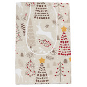 クリーム色の白、クリスマスツリーと鹿 ミディアムペーパーバッグ (正面)