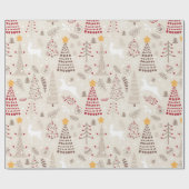 クリーム色の白、クリスマスツリーと鹿 ラッピングペーパー (フラット)