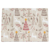 クリーム色の白、クリスマスツリーと鹿 ラージペーパーバッグ (正面)