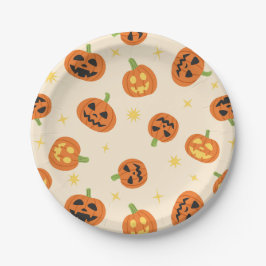 クリーム色の紙皿に描かれたキュートなハロウィンのカボチャ ペーパープレート