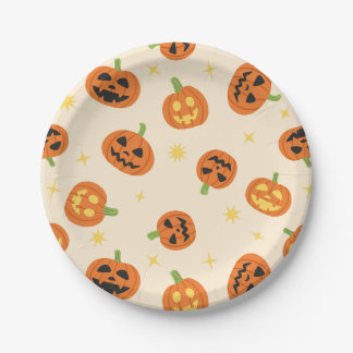クリーム色の紙皿に描かれたキュートなハロウィンのカボチャ ペーパープレート