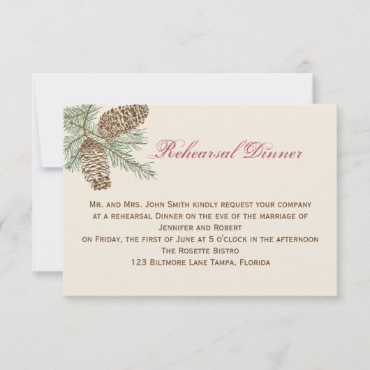 クリーム色の結婚式のリハーサルのマツ円錐形の自然 招待状 (正面)