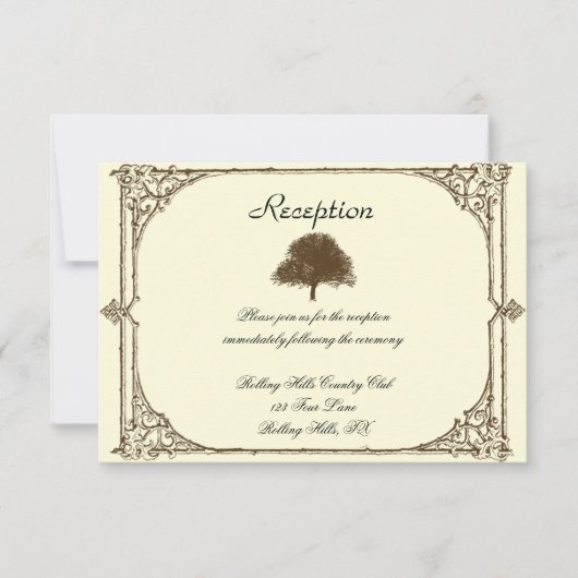 クリーム色の結婚披露宴のヴィンテージのブラウンのオークの木 招待状 (正面)
