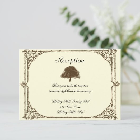 クリーム色の結婚披露宴のヴィンテージのブラウンのオークの木 招待状 (スタンド正面)