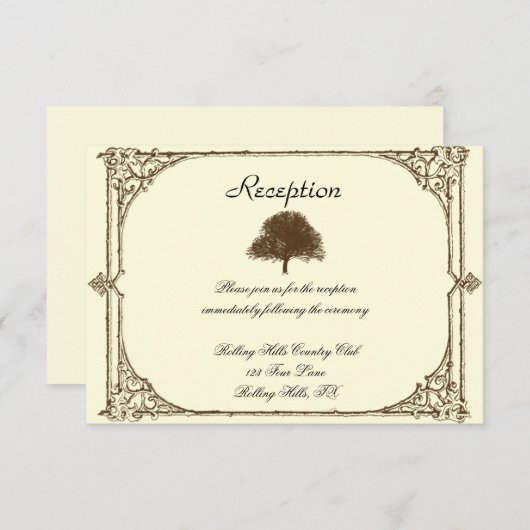 クリーム色の結婚披露宴のヴィンテージのブラウンのオークの木 招待状 (正面/裏面)