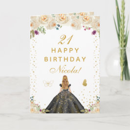 クリーム色の花柄ブロンドの髪の女の子 誕生日 カード