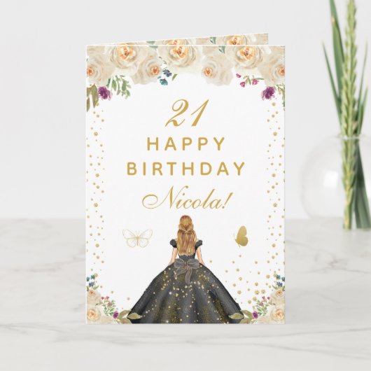 クリーム色の花柄ブロンドの髪の女の子 誕生日 カード (正面)