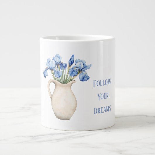 クリーム色の花瓶 紫色のアヤメの花 ジャンボコーヒーマグカップ (正面)